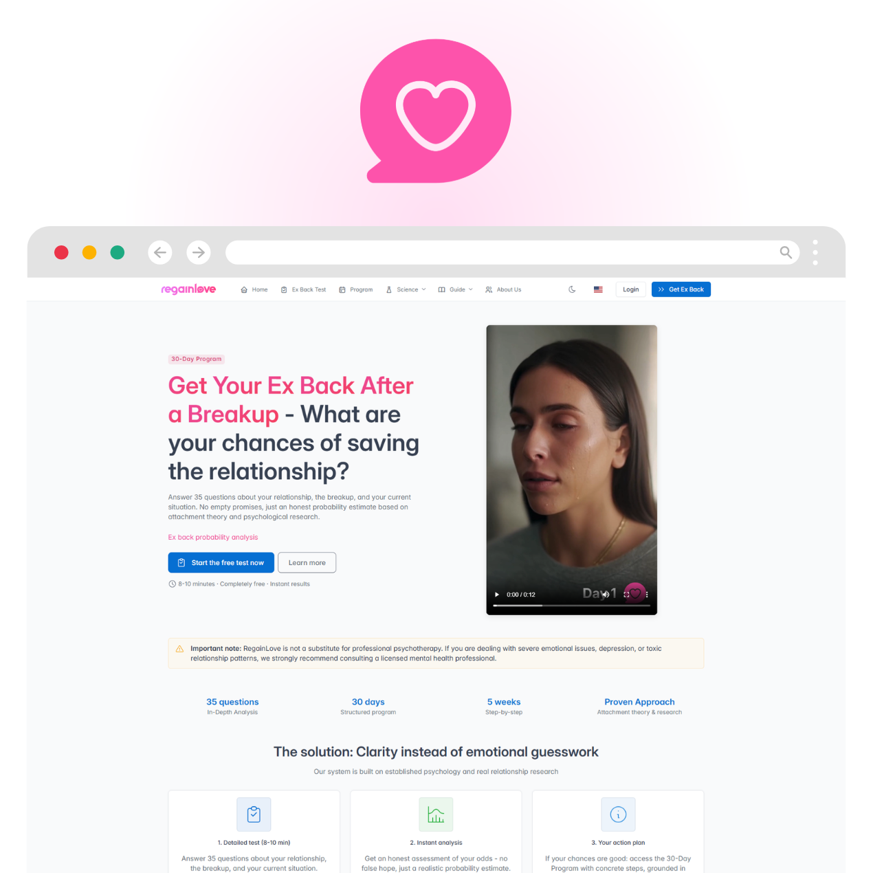 RegainLove.com - Main product screenshot demonstrating key features and user interface
