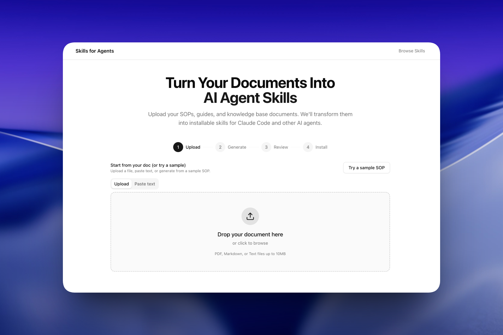 Skills for Agents - Main product screenshot demonstrating key features and user interface