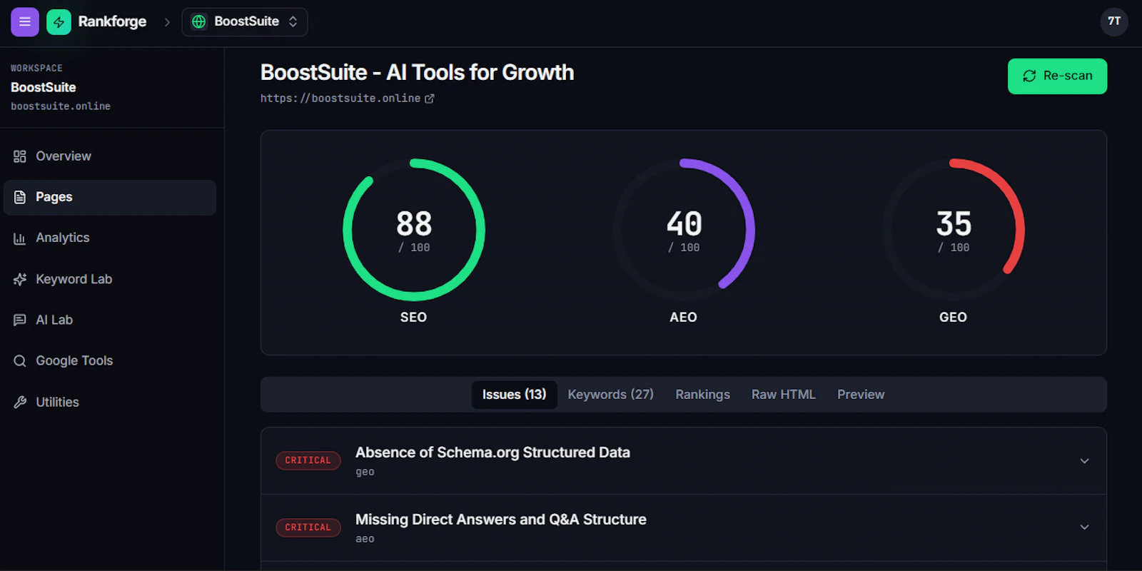 Rankforge — SEO, AEO & GEO platform screenshot 1