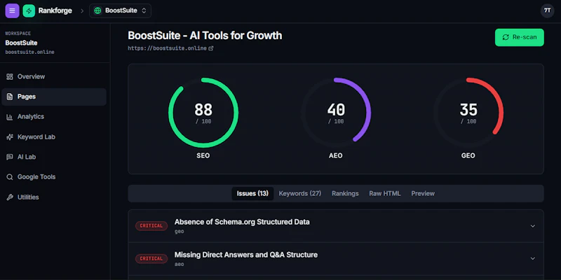 Rankforge — SEO, AEO & GEO platform screenshot 1