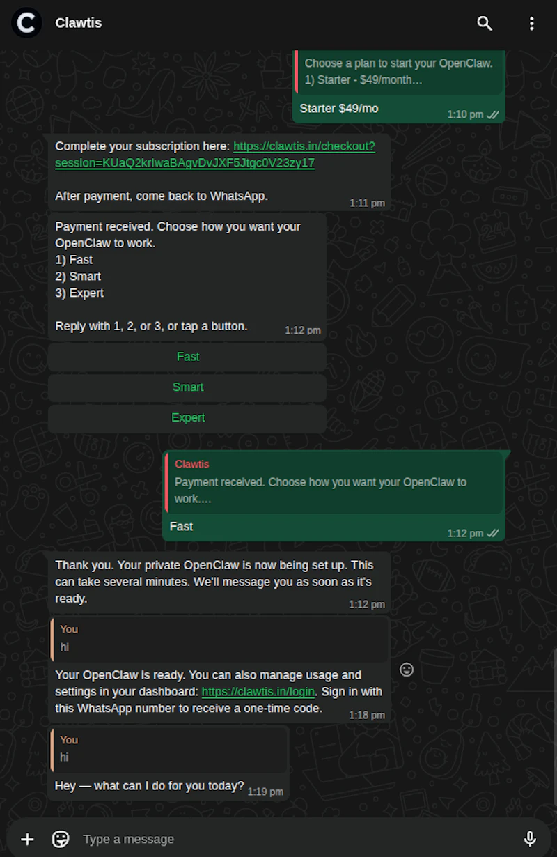 Clawtis - private AI agent from WhatsApp screenshot 3