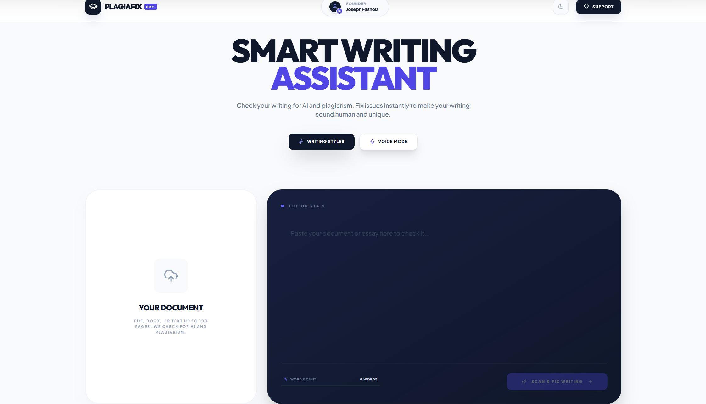 PlagiaFix AI - Main product screenshot demonstrating key features and user interface