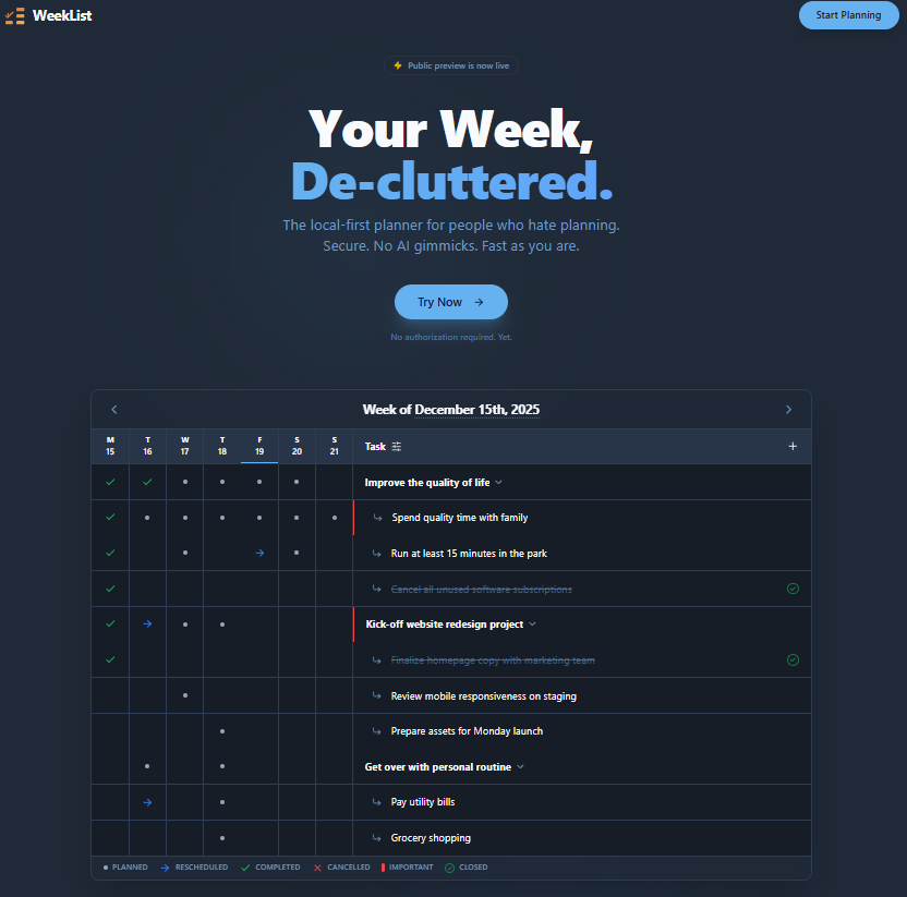 WeekList - Main product screenshot demonstrating key features and user interface