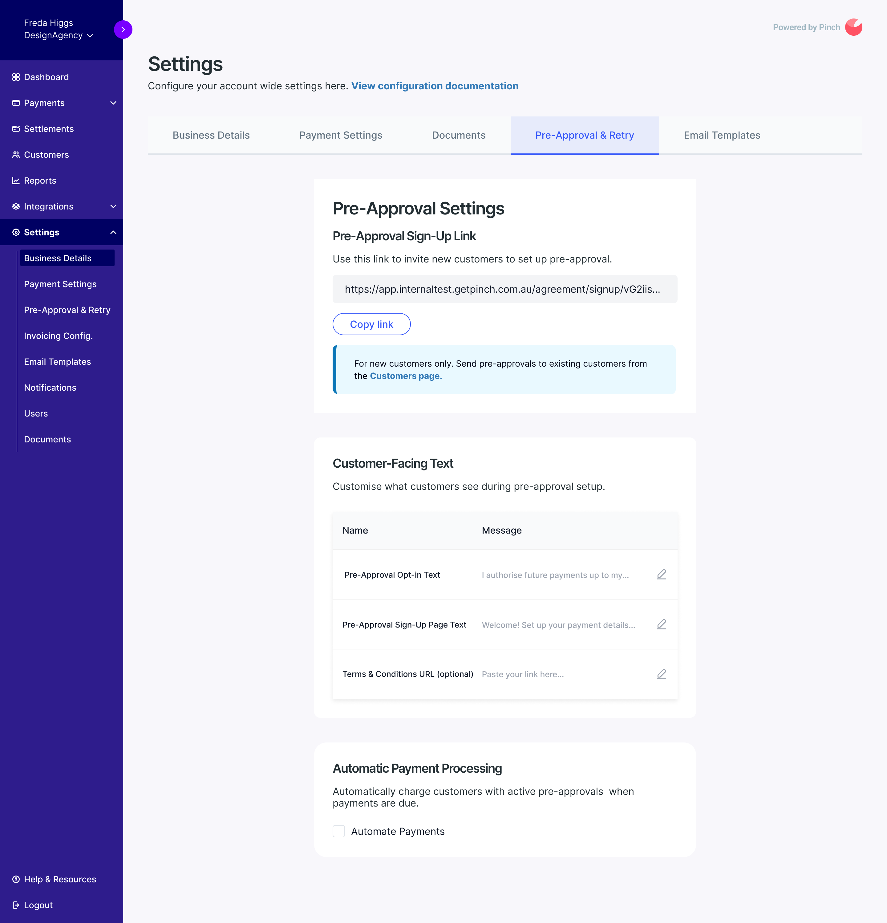 Pinch Payments - Main product screenshot demonstrating key features and user interface