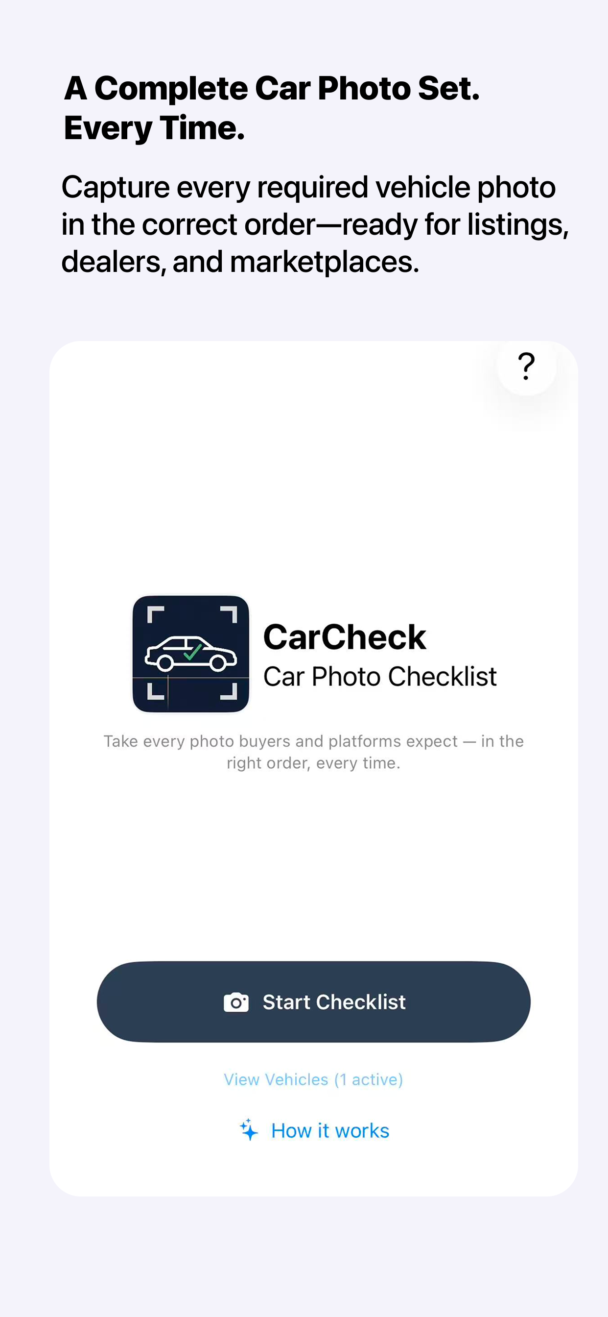 Car Photo Checklist - Main product screenshot demonstrating key features and user interface