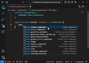 コードの一部分で、Next.js、Prisma、tRPC、および必須フレームワークとの互換性を示している拡張機能 - 直感的で効率的な開発