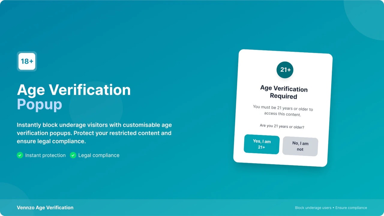 Vennzo Age Verification Popup - Main product screenshot demonstrating key features and user interface