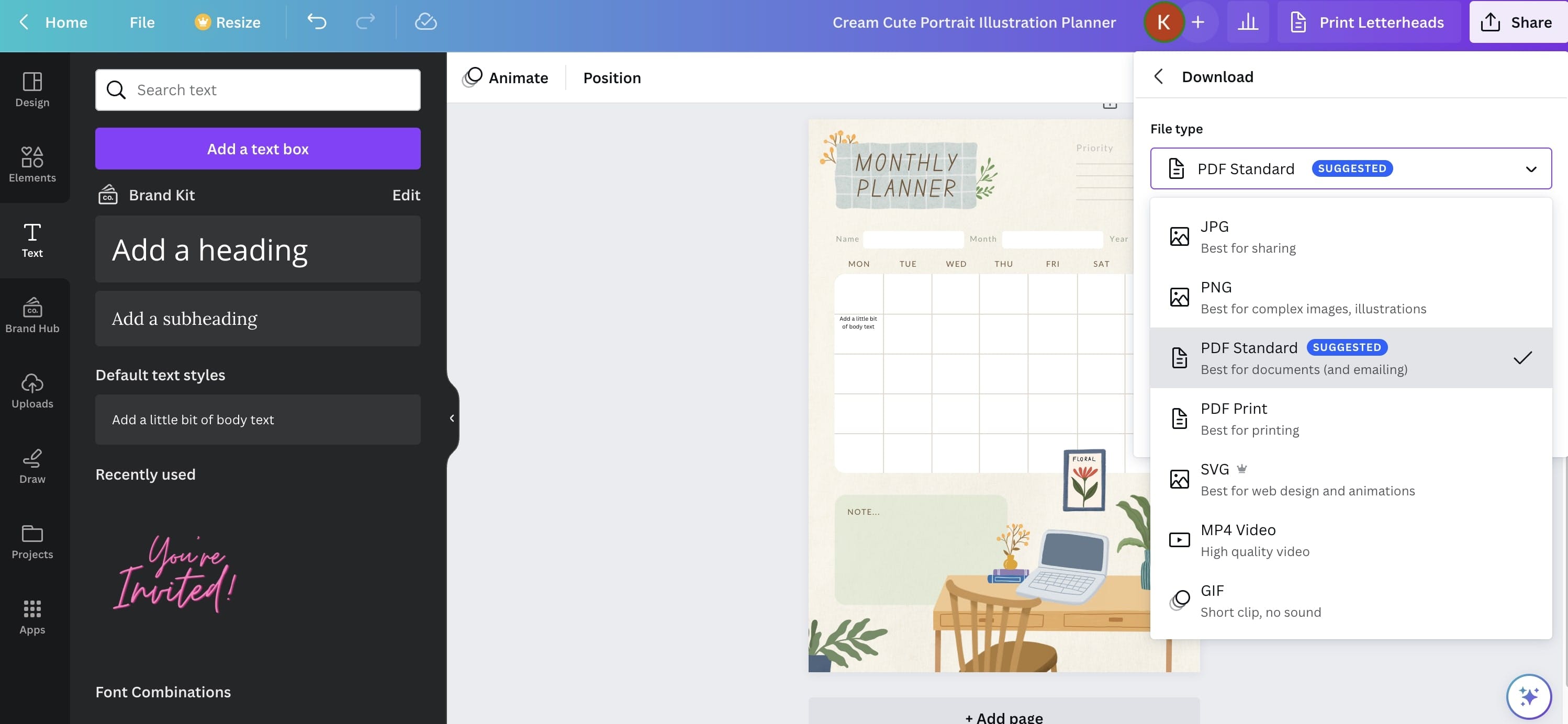 Export your planner in Canva
