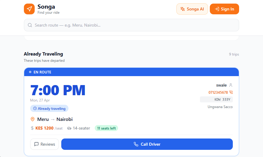Songa Ride Booking App gallery image