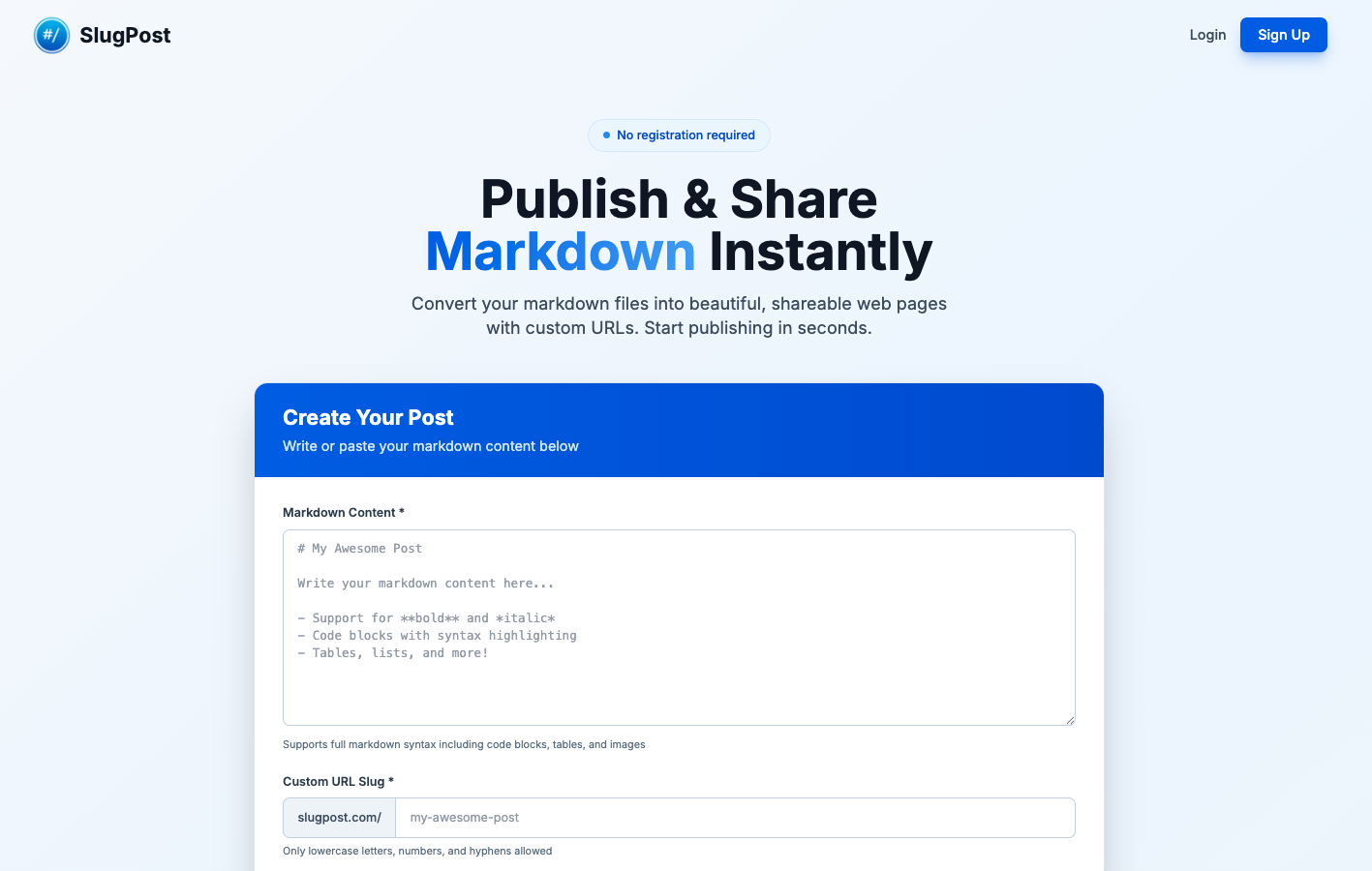 SlugPost - Main screenshot showing features and interface