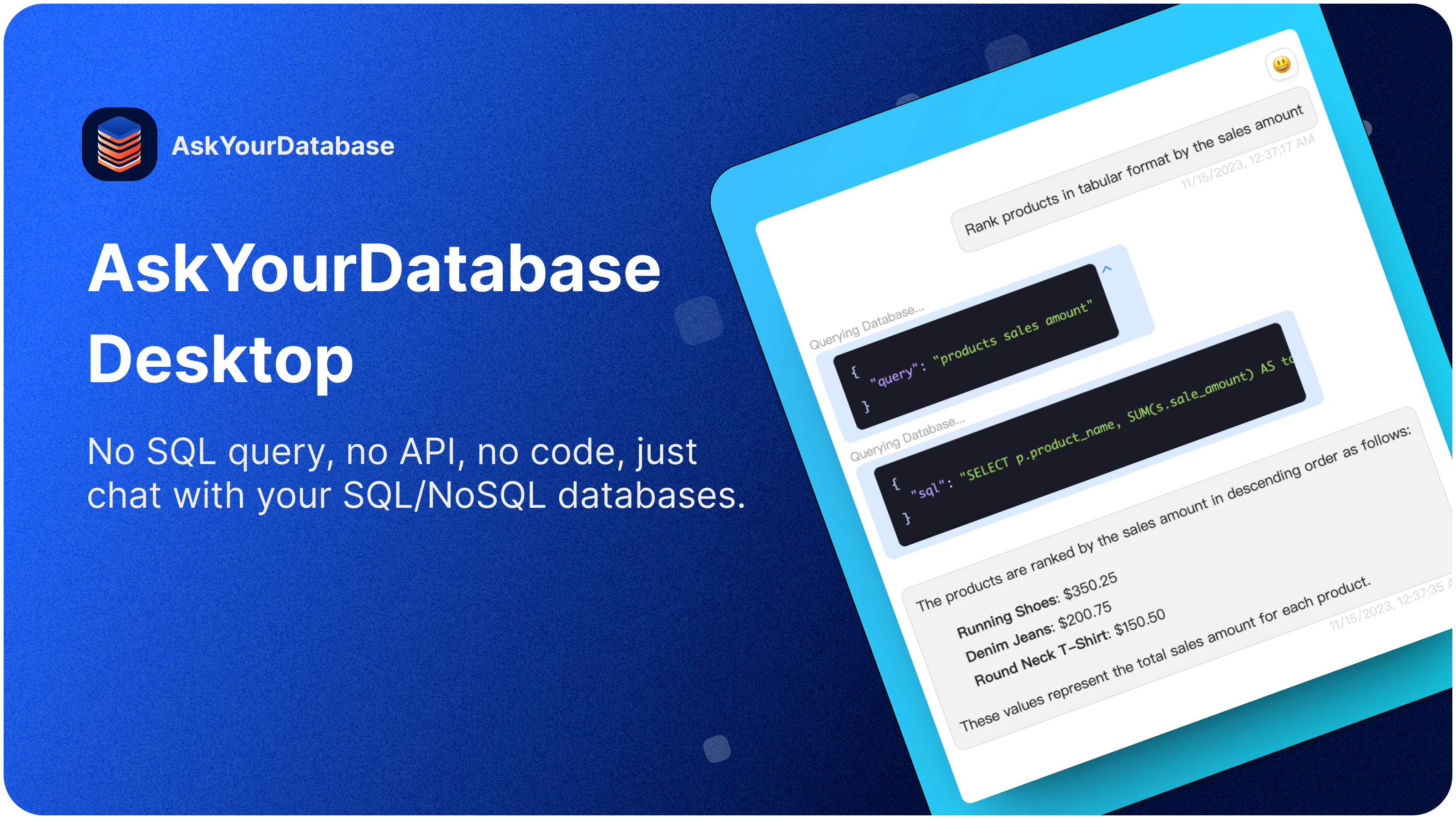 startuptile AskYourDatabase Desktop-No SQL query just chat with your SQL/NoSQL databases