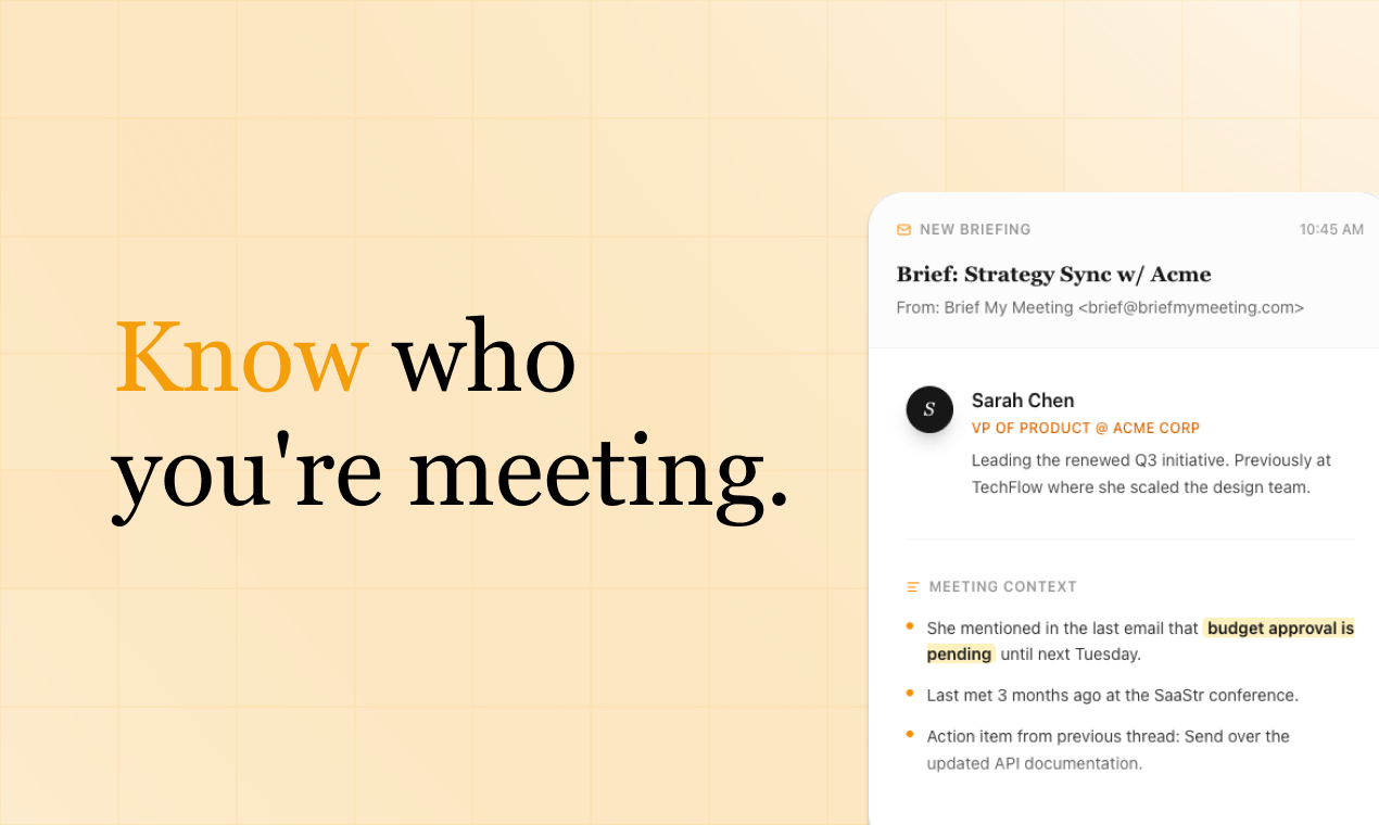 Brief My Meeting - Screenshot 2 showing product features and functionality