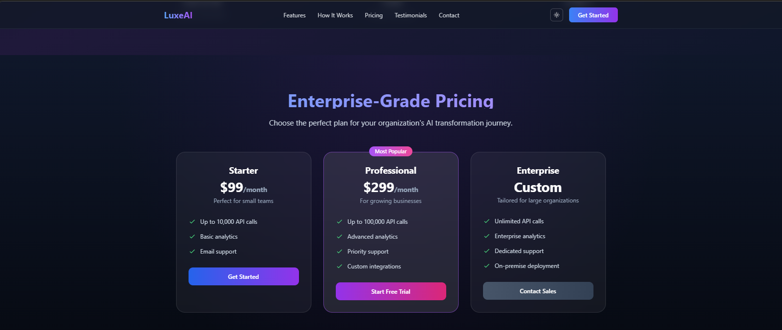LuxeAI – Premium AI SaaS Landing Page - Screenshot 5 showing product features and functionality