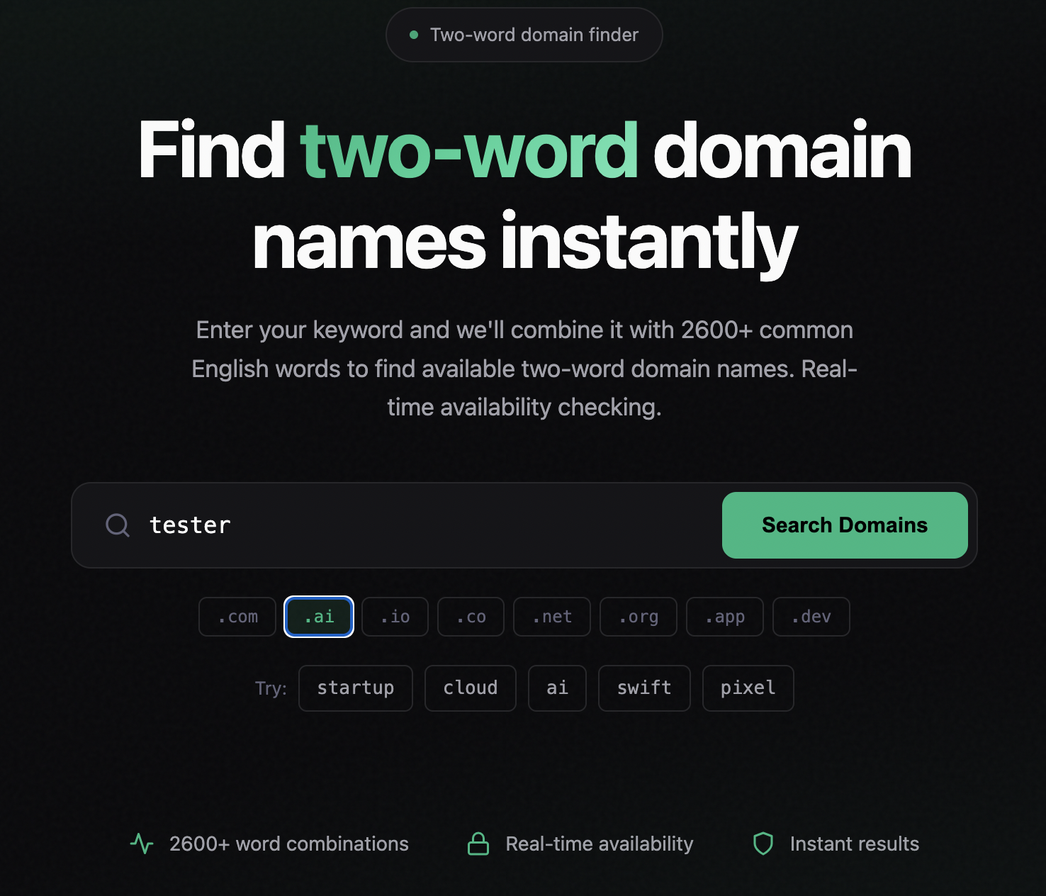2WordDomain - Main product screenshot demonstrating key features and user interface
