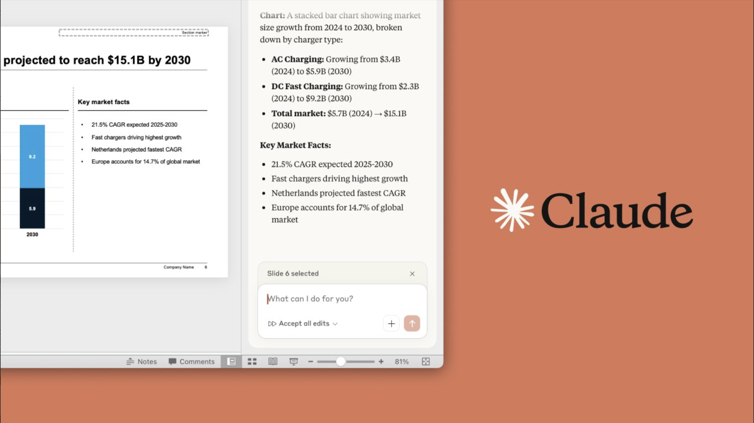 Claude in PowerPoint - Main product screenshot demonstrating key features and user interface