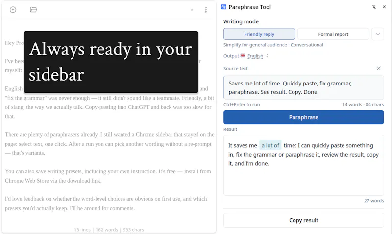 Paraphrase Tool chrome extension screenshot 1