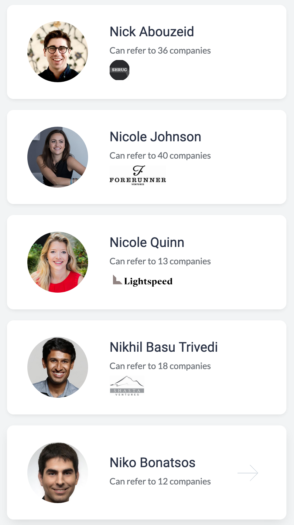 Investors and advisors use Via’s referral-based hiring platform to introduce top talent to the companies they support. gallery image