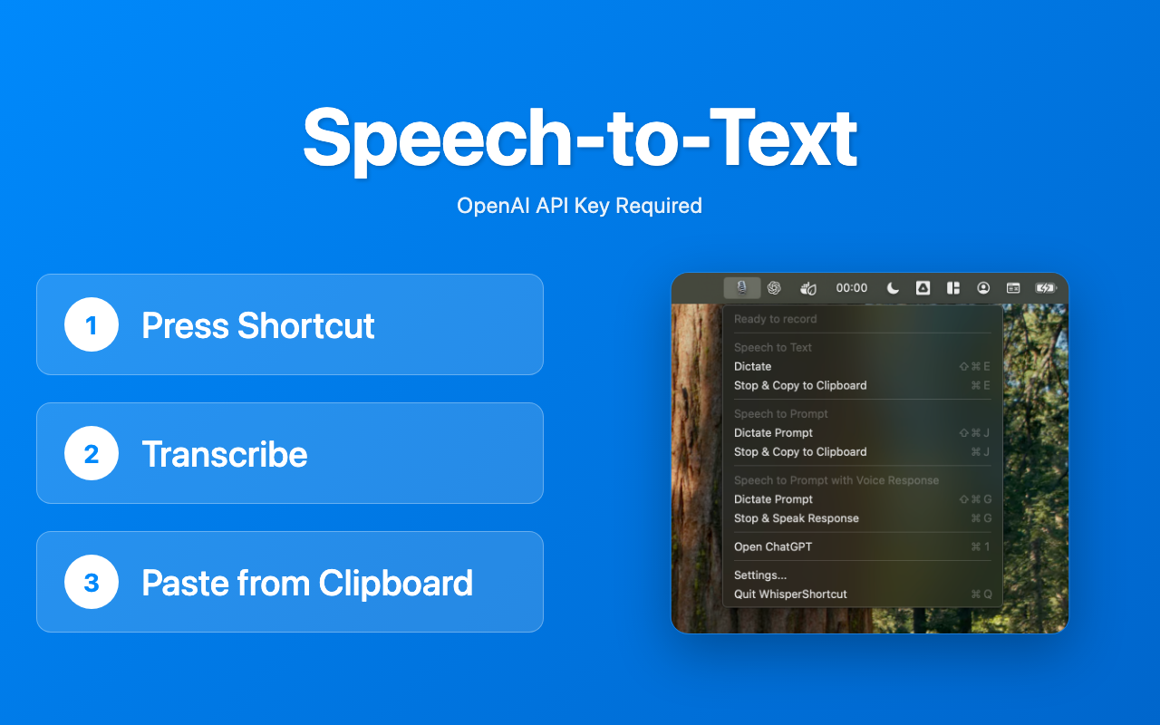 وسائط Whispershortcut - صوت AI الذي يحول الكلام إلى نص ومطالبات ذكية. 2