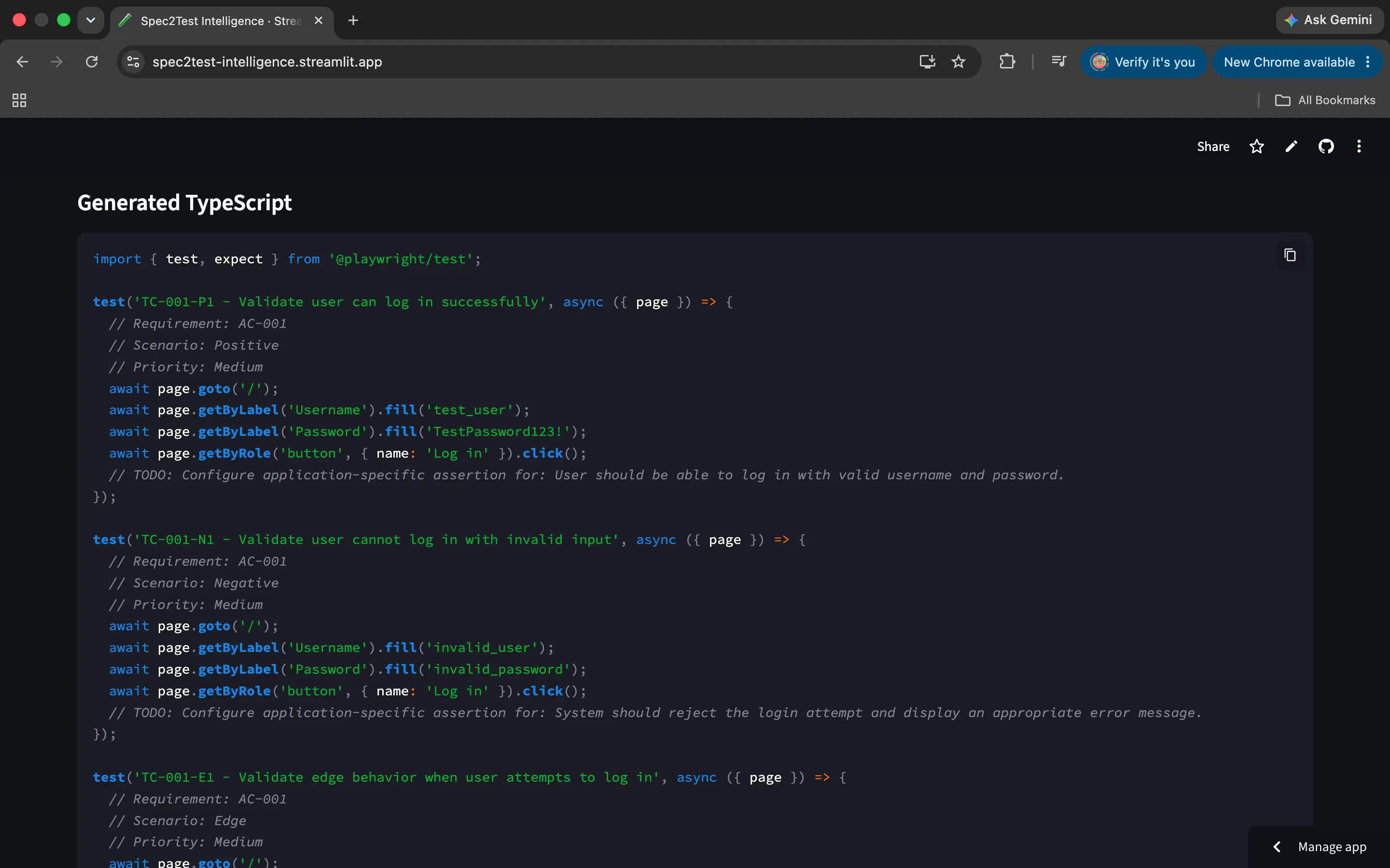 Spec2Test Intelligence screenshot