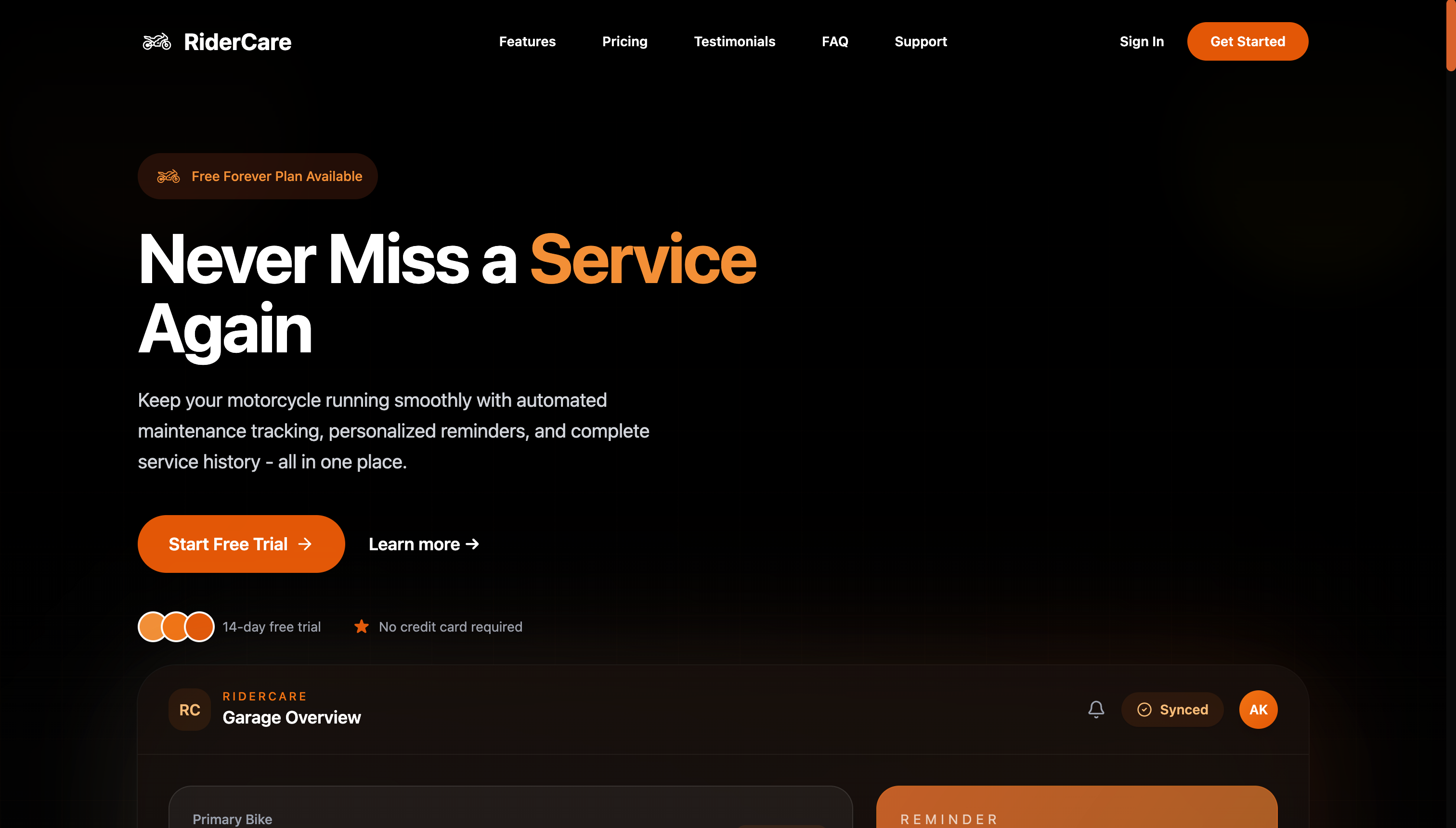 RiderCare - Main screenshot showing features and interface