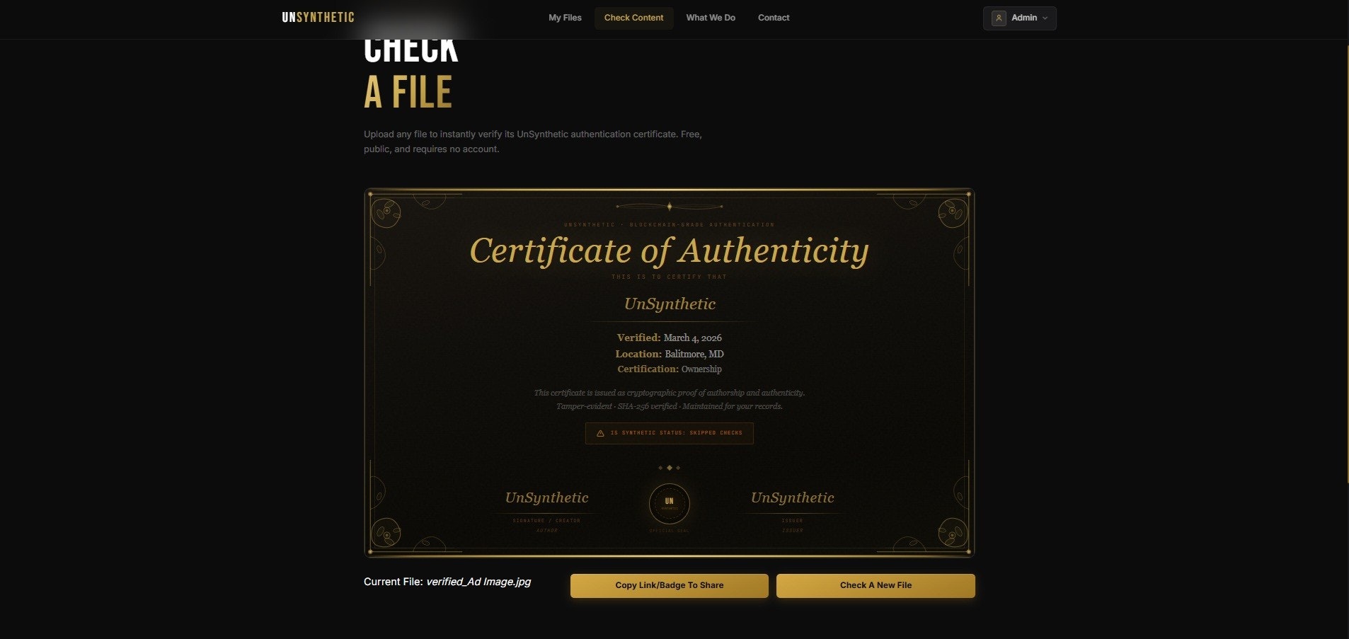 UnSynthetic — Verify What's Real - Screenshot 3 showing product features and functionality