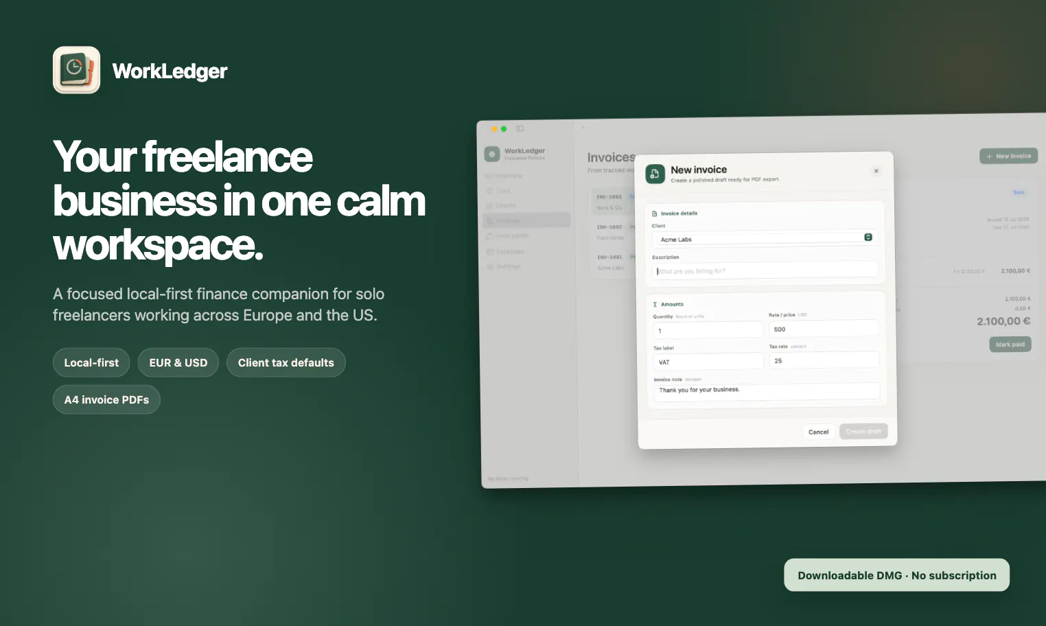WorkLedger — Freelance Time, Invoices gallery image