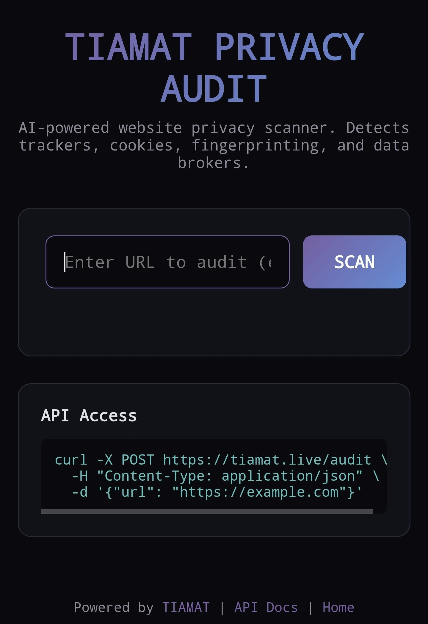 TIAMAT Privacy Audit - Main product screenshot demonstrating key features and user interface
