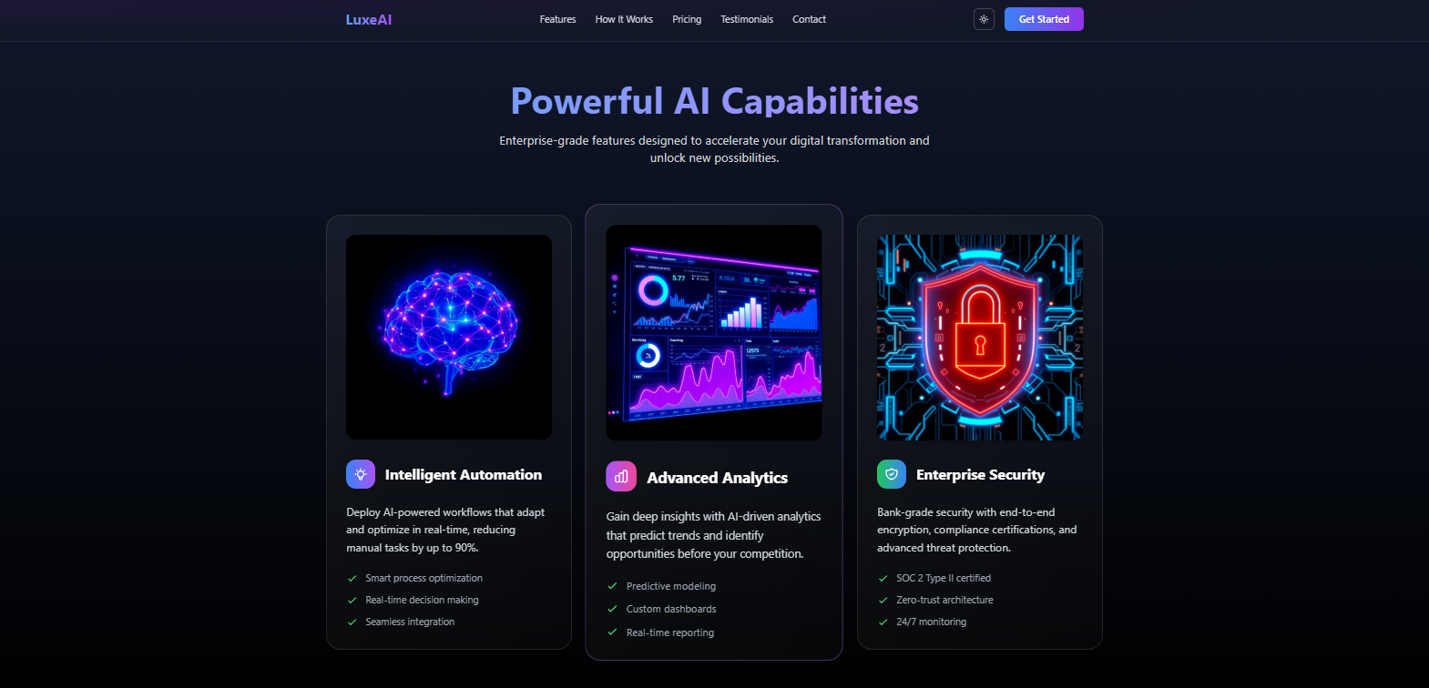 LuxeAI – Premium AI SaaS Landing Page - Screenshot 2 showing product features and functionality