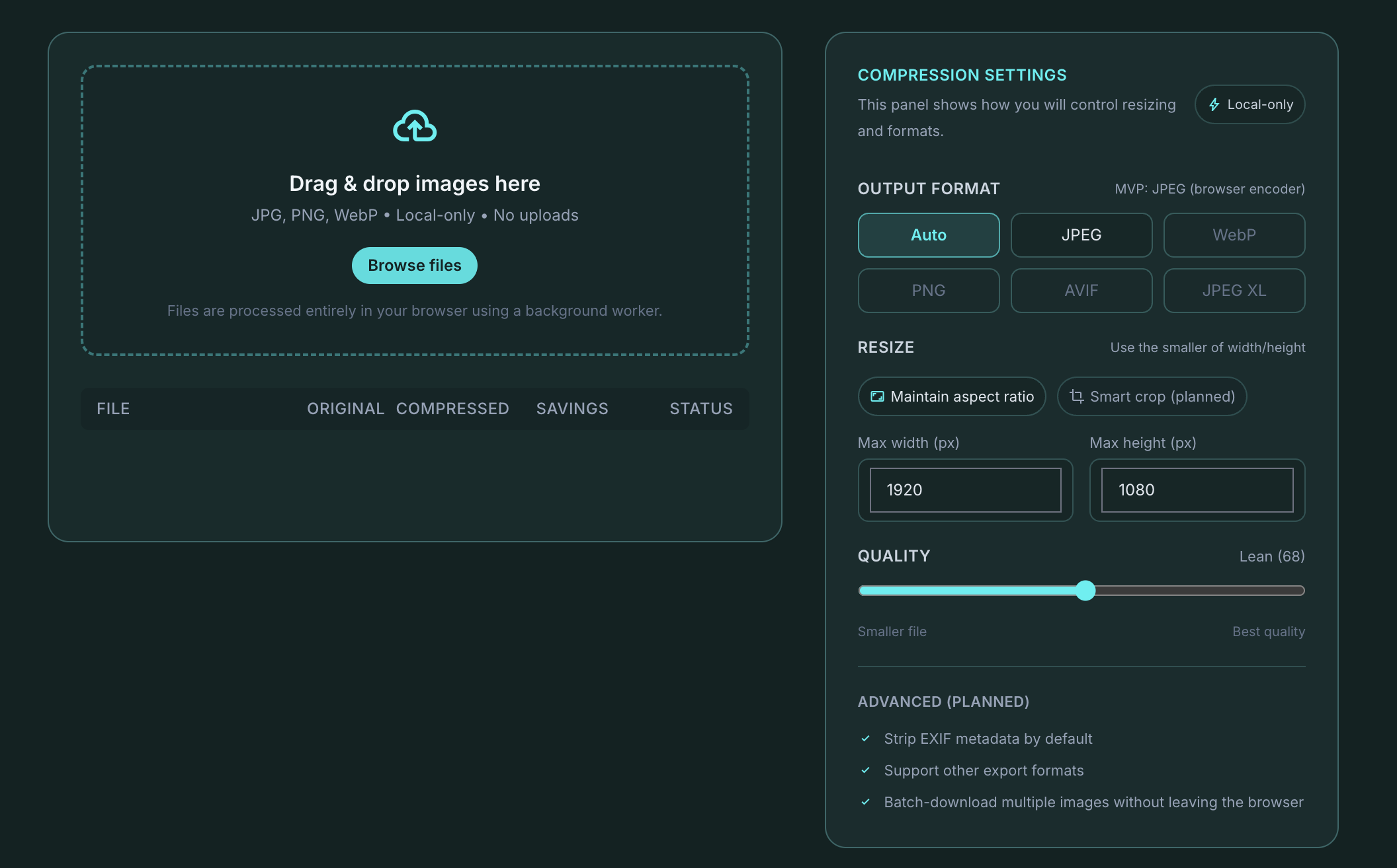 Compress Images Locally - Main product screenshot demonstrating key features and user interface