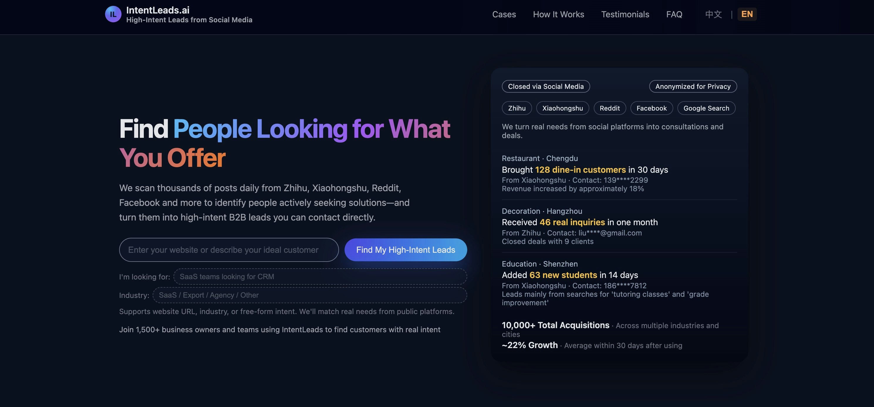 IntentLeads.ai  - Main product screenshot demonstrating key features and user interface
