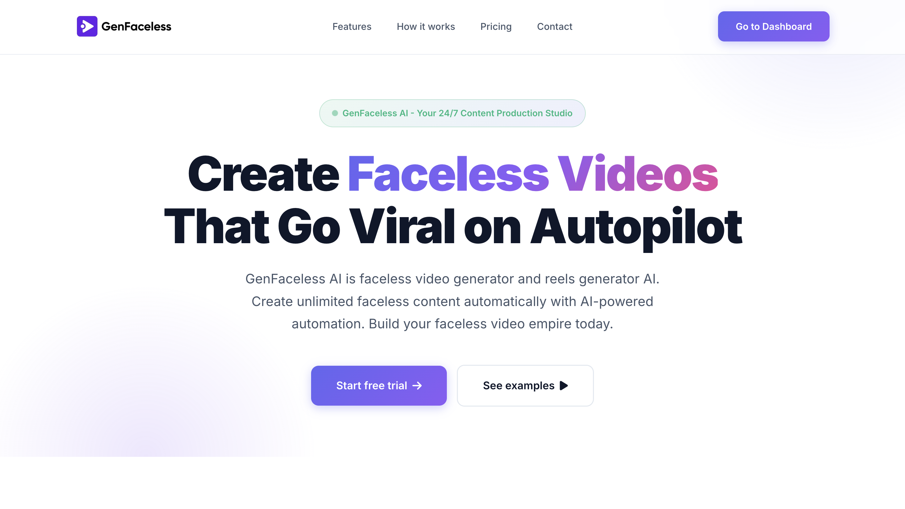 GenFaceless AI - Main product screenshot demonstrating key features and user interface
