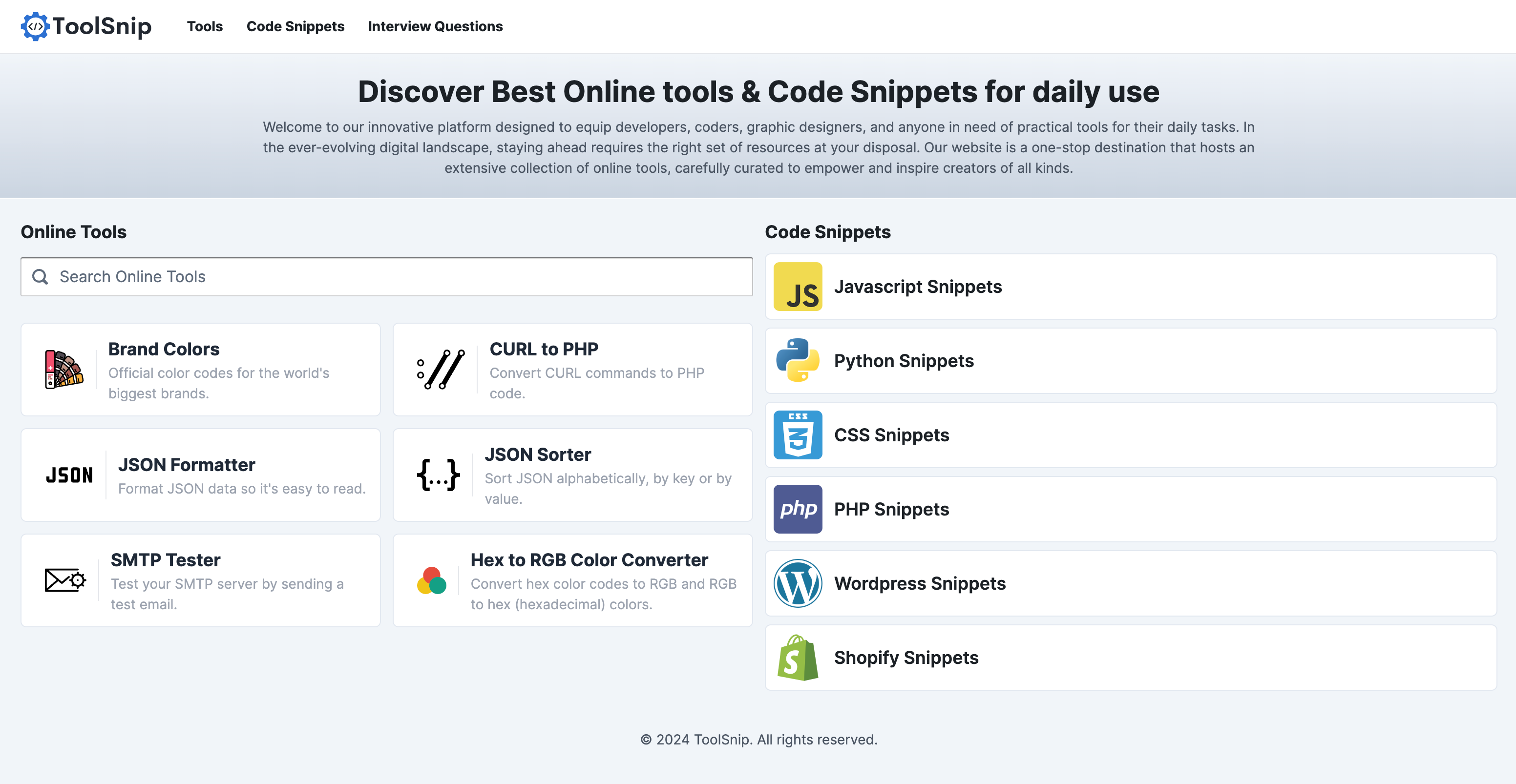 toolsnip.com |無料のオンラインツール - オンラインWebツール|コードスニペット|インタビューの質問メディア1