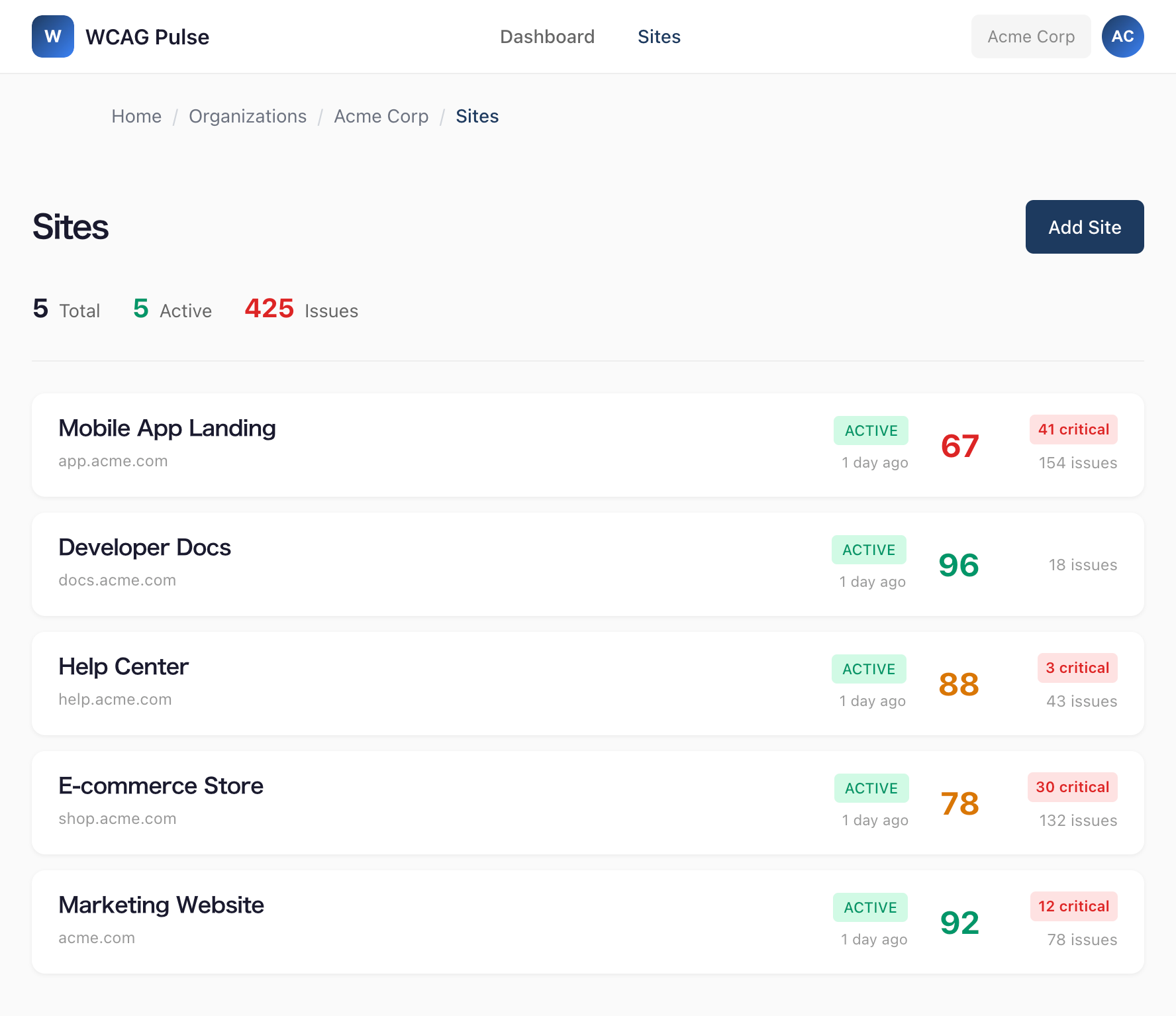 WCAG Pulse - Main product screenshot demonstrating key features and user interface