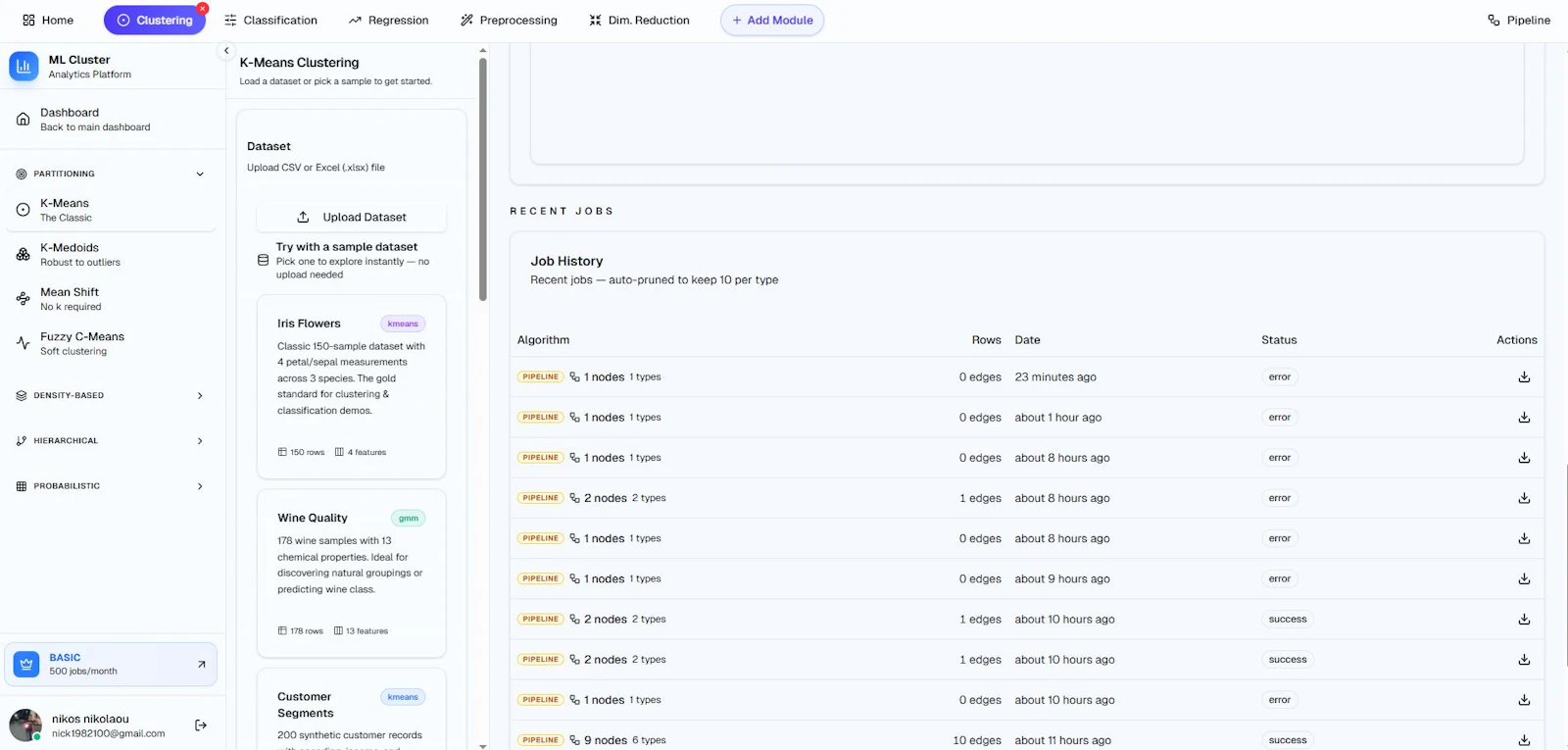 MLclustering Platform screenshot 3