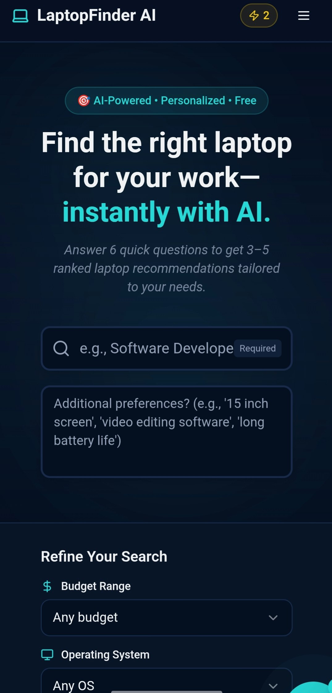 LaptopFinderAI - Main product screenshot demonstrating key features and user interface