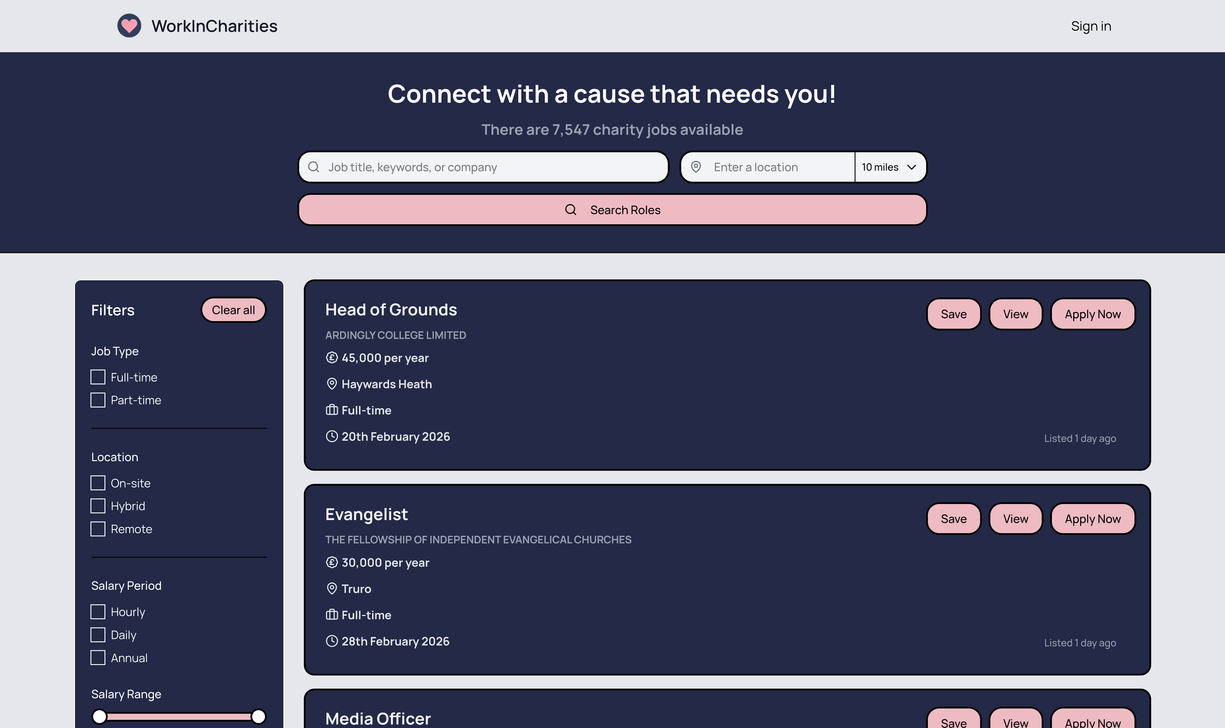 WorkInCharities - Screenshot 2 showing product features and functionality