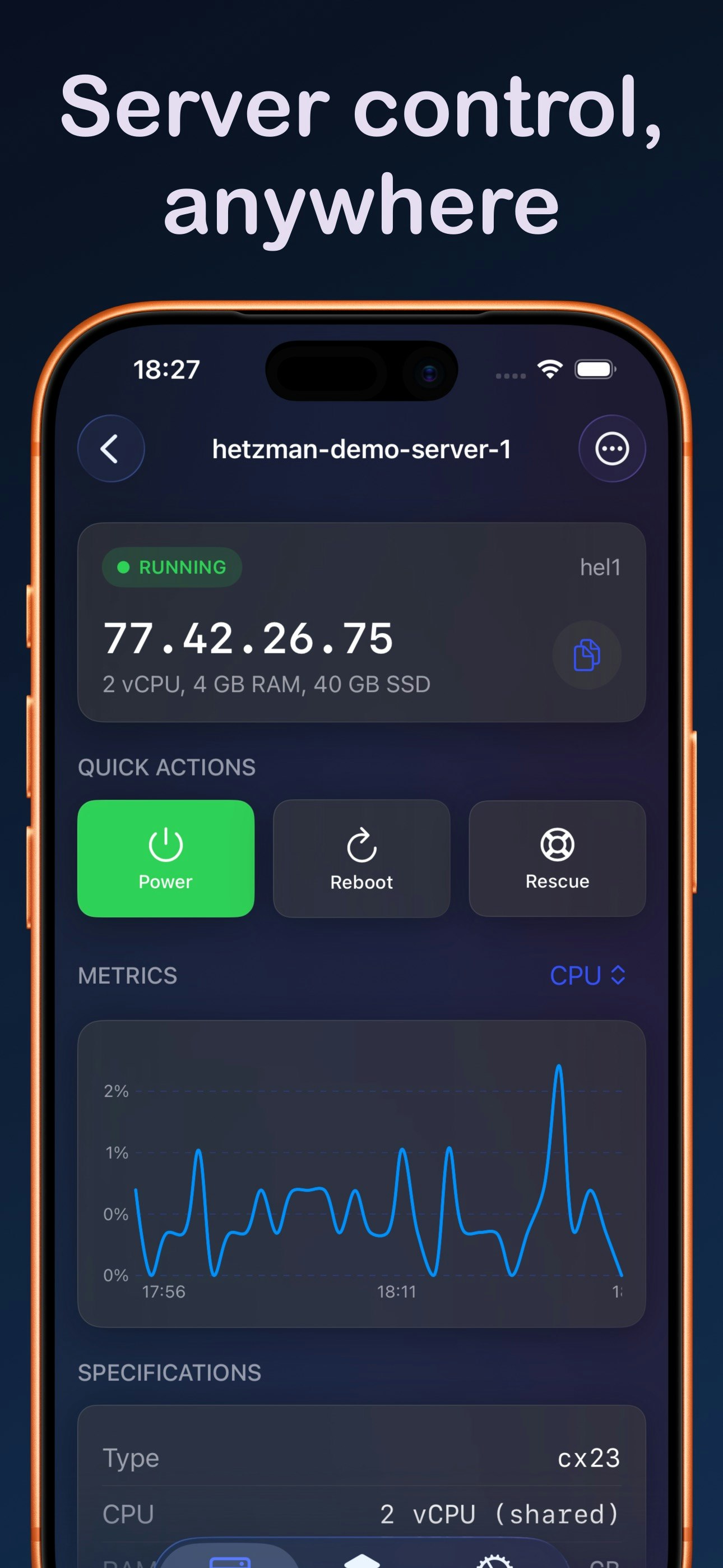 Hetzman — Unofficial iOS app for Hetzner - Screenshot 2 showing product features and functionality