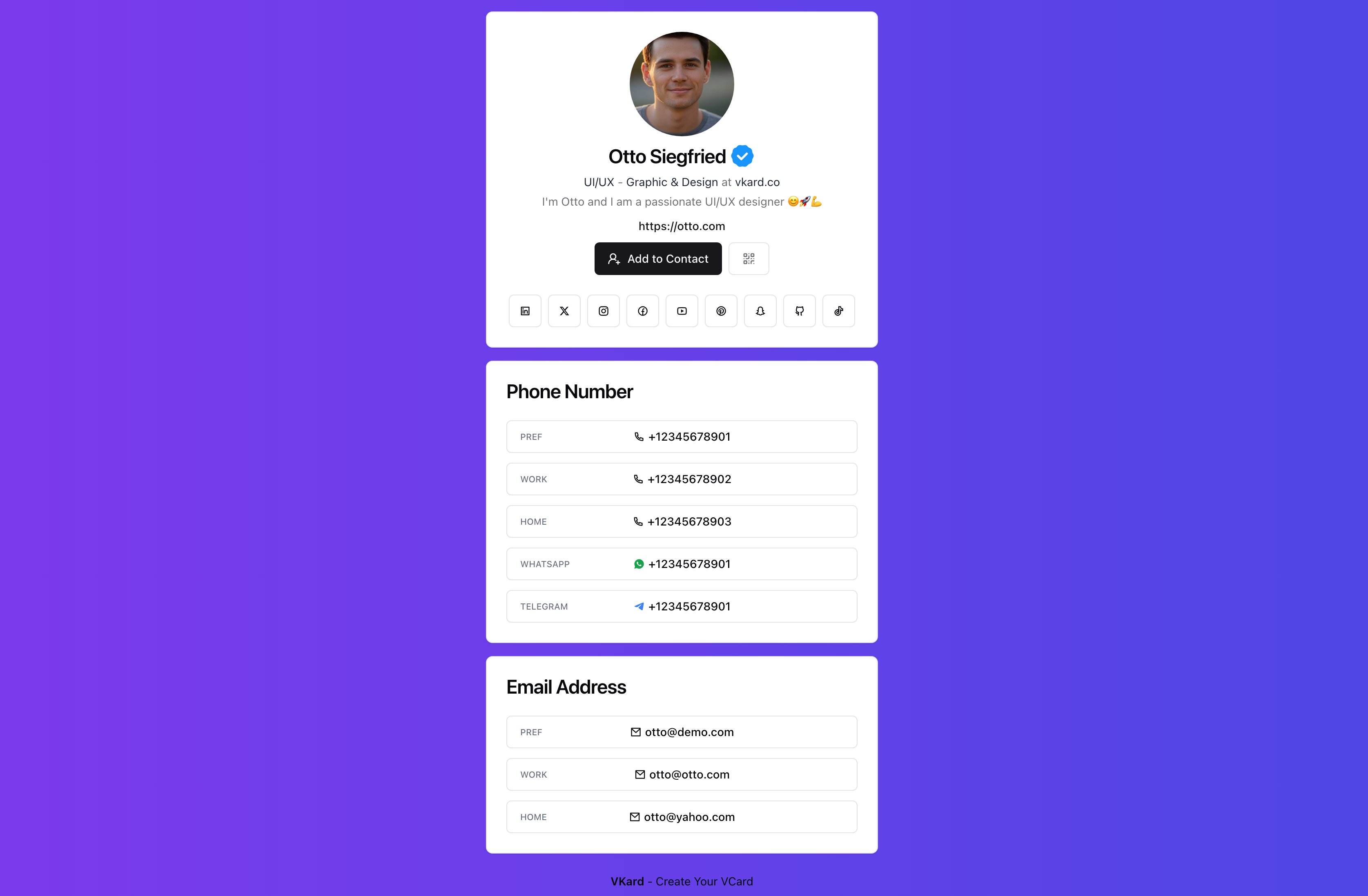 Vkard - Создайте свою цифровую визитную карточку, свой vcard медиа 2