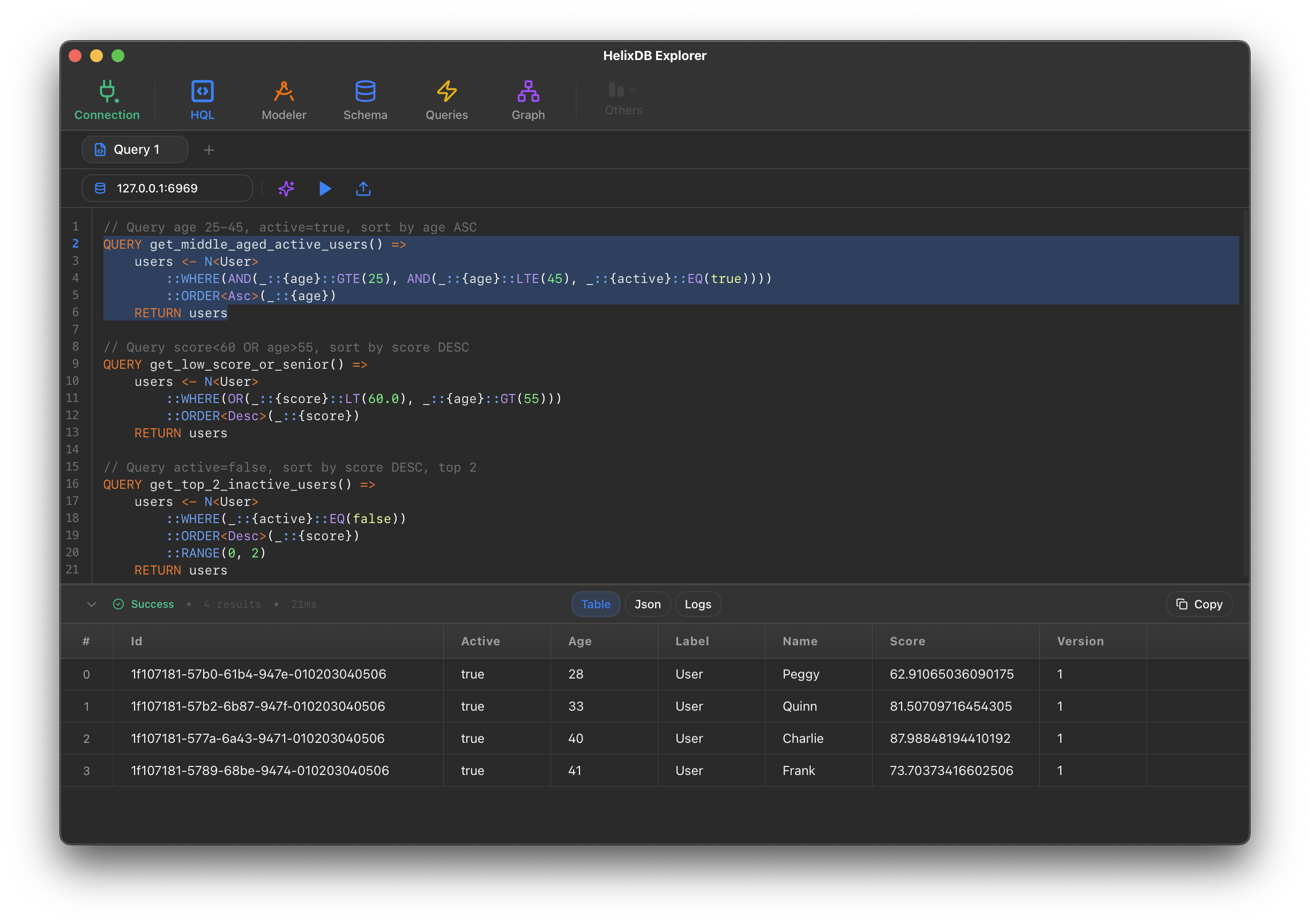 HelixDB Explorer - Main product screenshot demonstrating key features and user interface