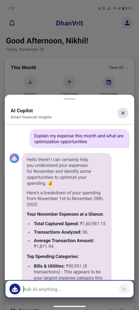 DhanVrit AI - Main product screenshot demonstrating key features and user interface