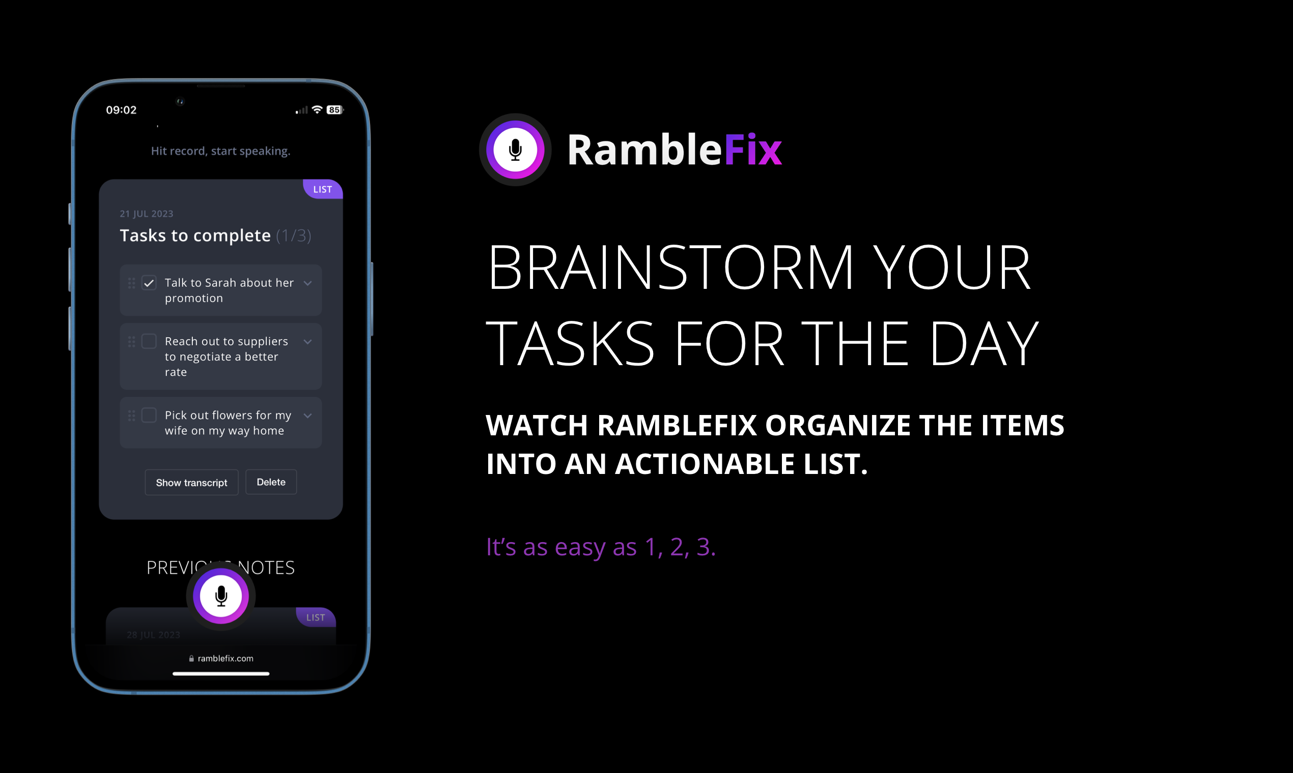 Ramblefix - 지저분한 연설을 명확하고 세련된 텍스트로 빠르게 바꾸십시오 미디어 3