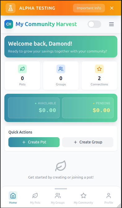 My Community Harvest Alpha - Main product screenshot demonstrating key features and user interface