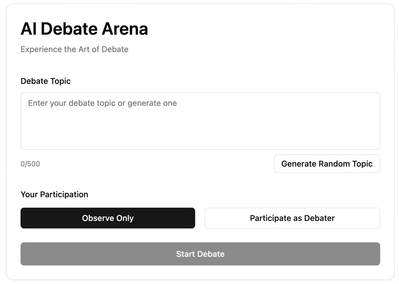 AI Debate Arena - Main screenshot showing features and interface