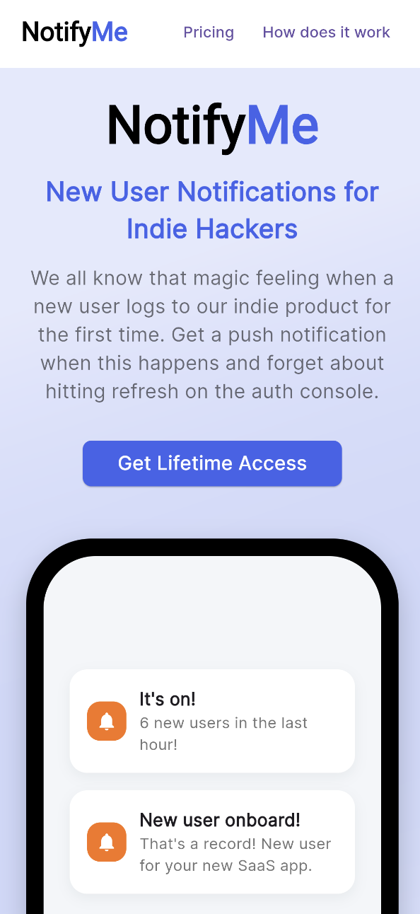 Mídia 1 de Notifyme - Novo usuário Push Notifications for Indie Hackers