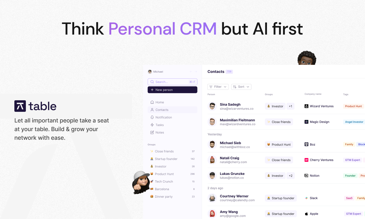 startuptile table-Think personal CRM but AI first