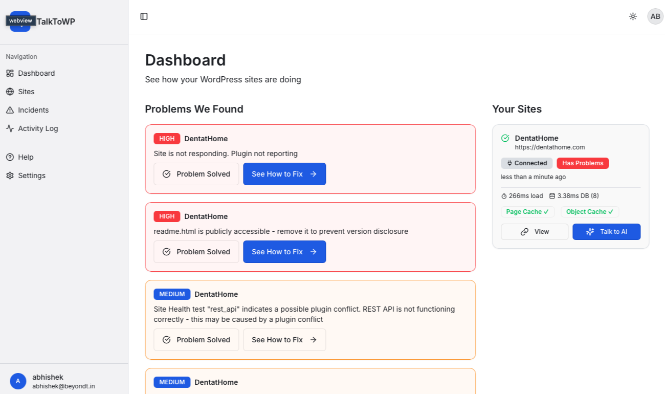 TalkToWP - Main product screenshot demonstrating key features and user interface