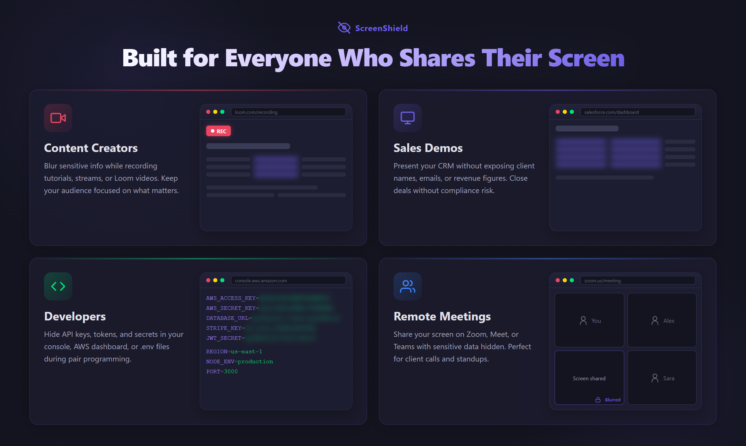 ScreenShield — Blur for Screen Sharing - Main product screenshot demonstrating key features and user interface