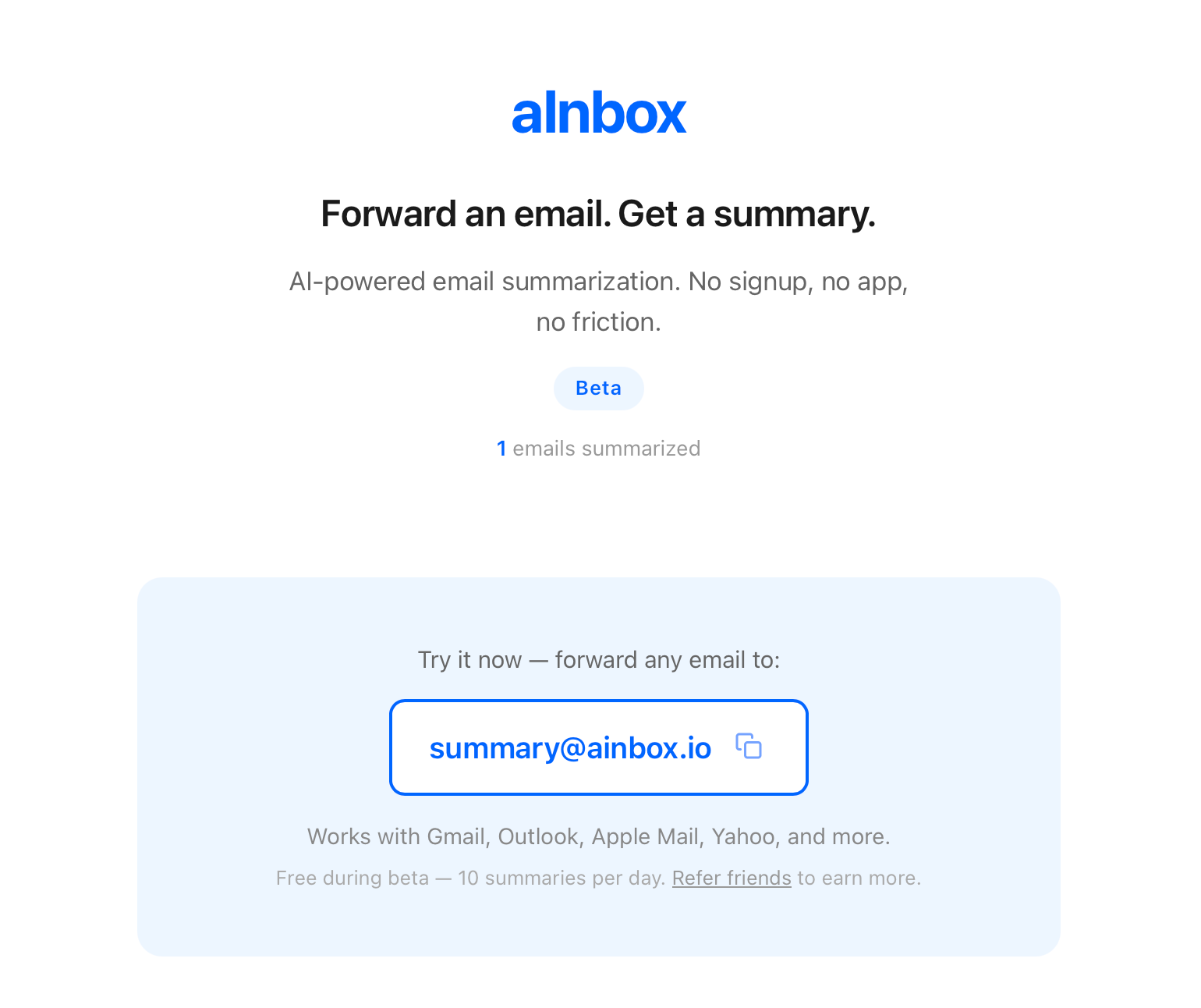 aInbox — Forward an email, get a summary gallery image
