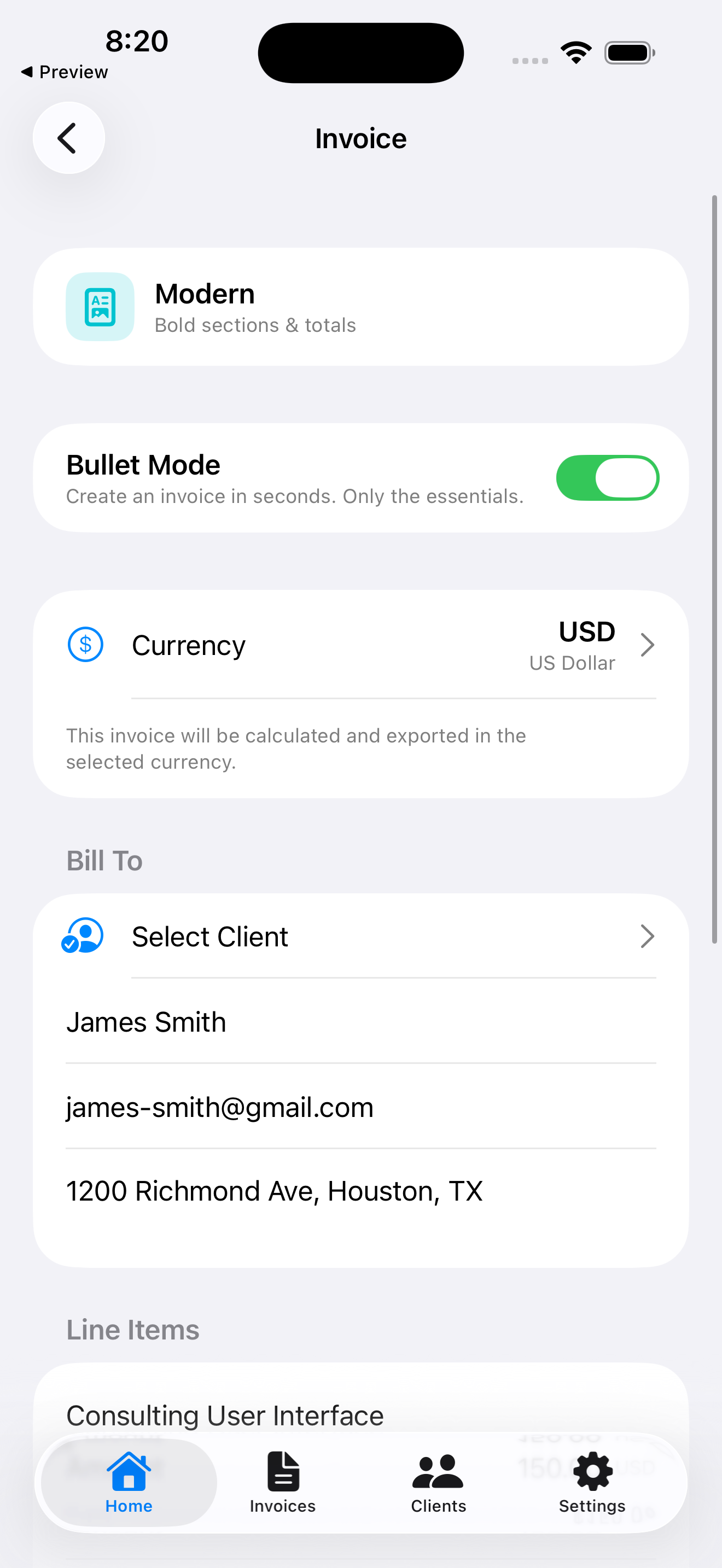 Bullet Invoices - Main product screenshot demonstrating key features and user interface
