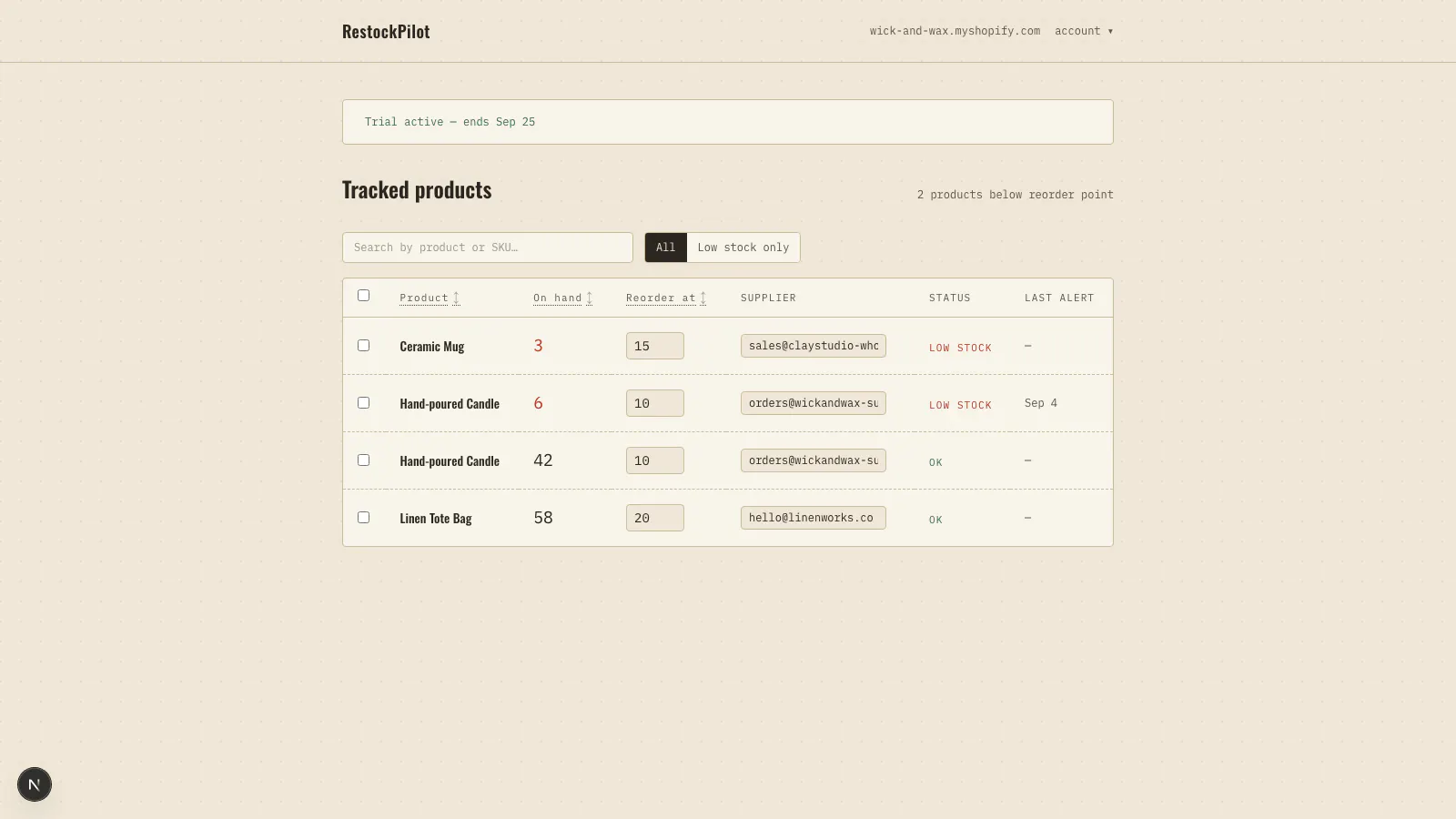 RestockPilot - Shopify low-stock alerts gallery image